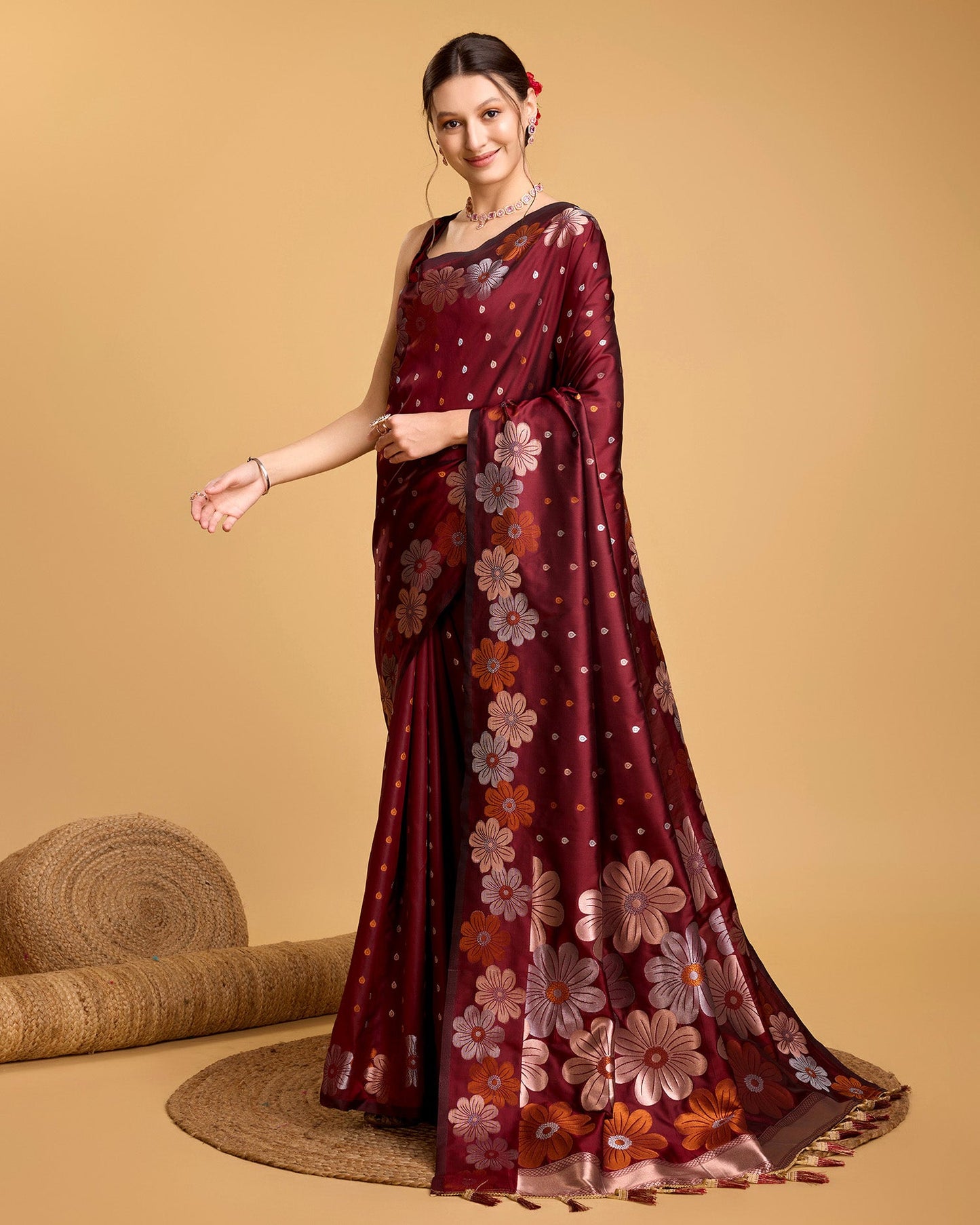 Vedant Vastram Soft Litchi Silk Banarasi Silk Saree - Maroon | Swadesiicart