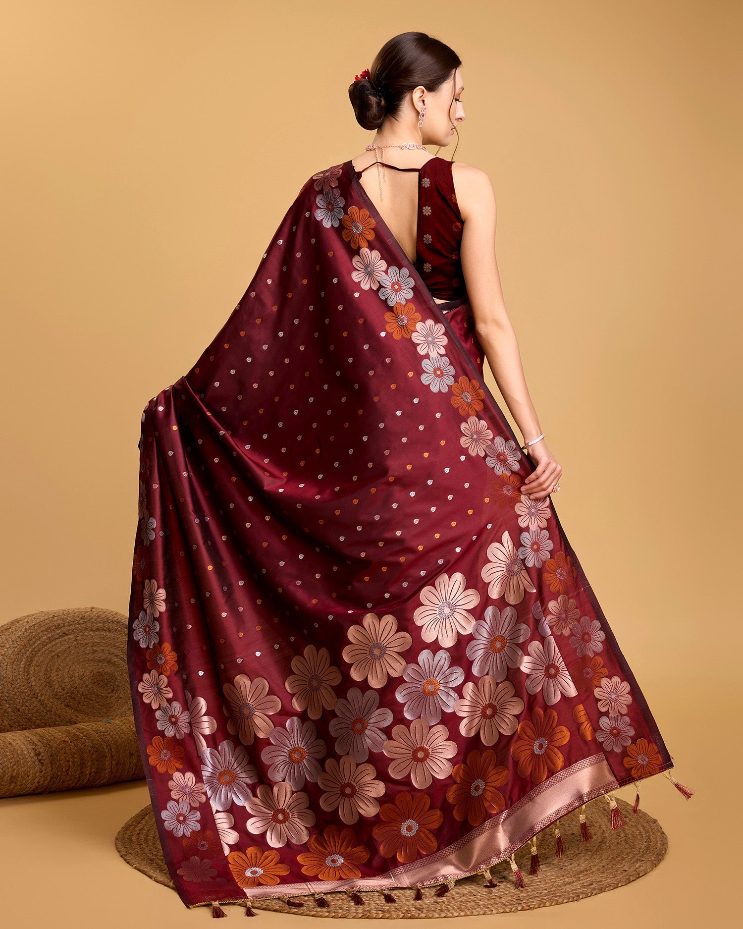 Vedant Vastram Soft Litchi Silk Banarasi Silk Saree - Maroon | Swadesiicart