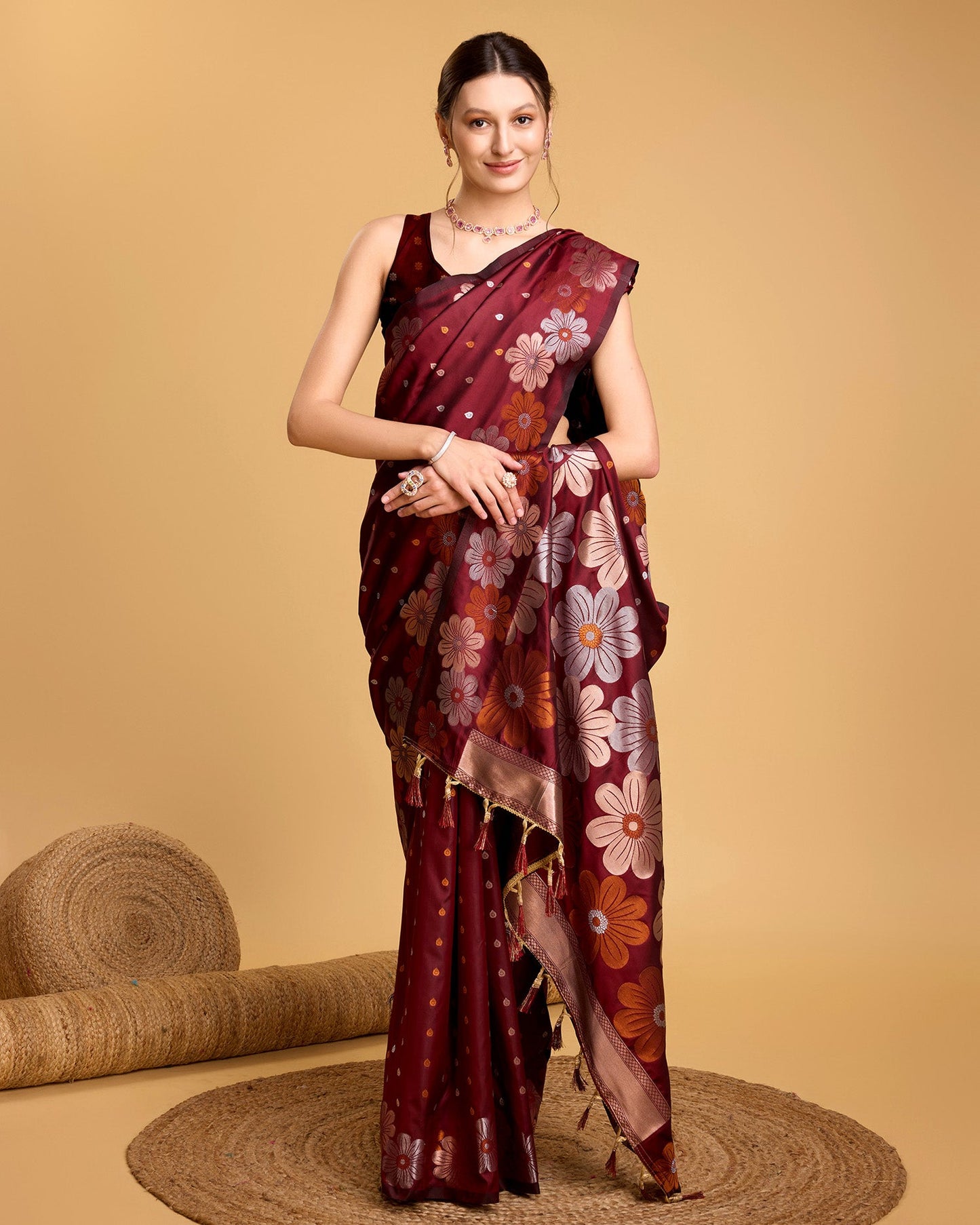 Vedant Vastram Soft Litchi Silk Banarasi Silk Saree - Maroon | Swadesiicart
