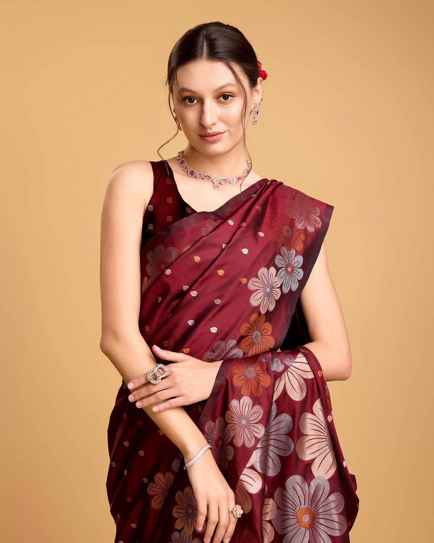 Vedant Vastram Soft Litchi Silk Banarasi Silk Saree - Maroon | Swadesiicart