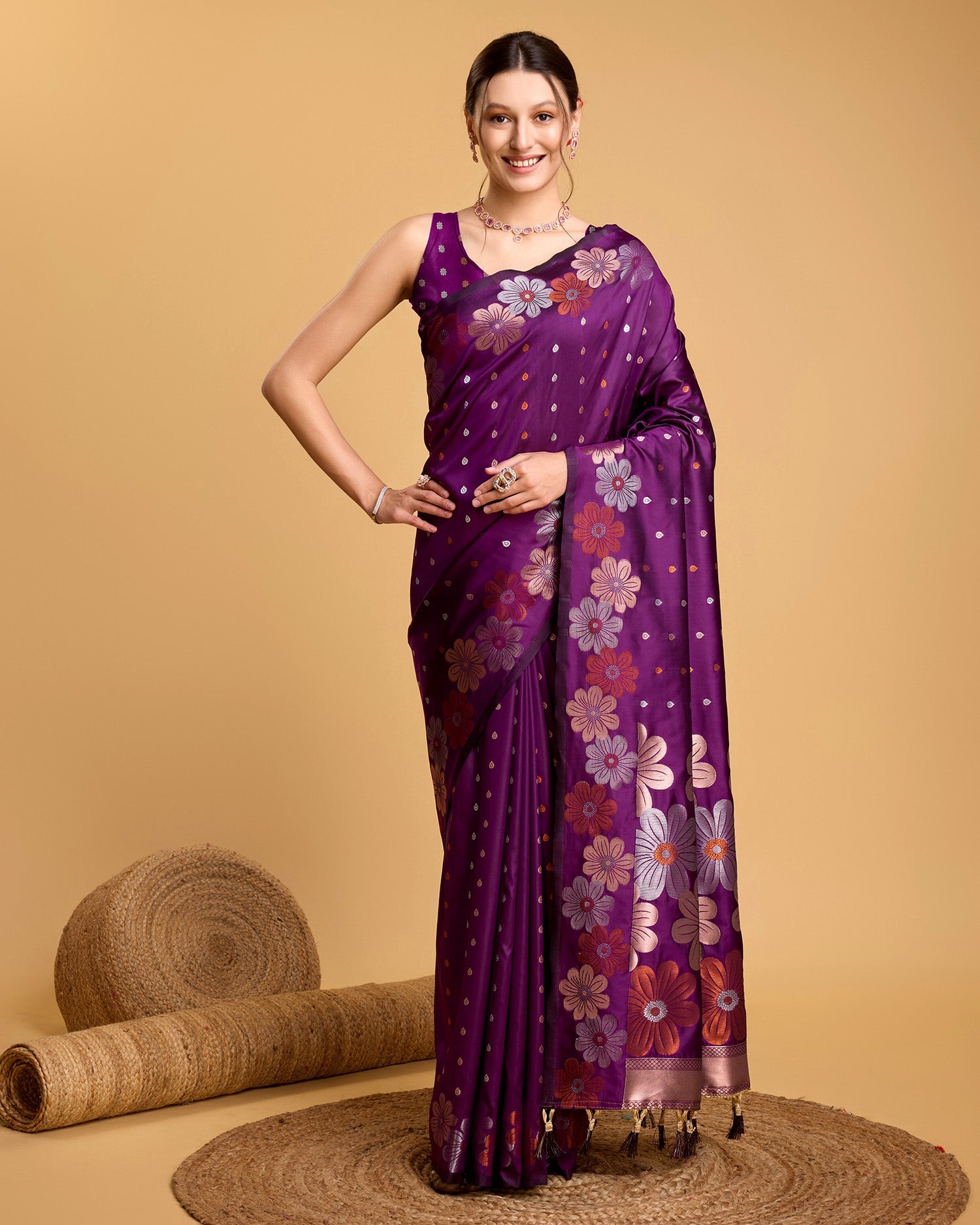 Vedant Vastram Soft Litchi Silk Banarasi Silk Saree - Wine | Swadesiicart