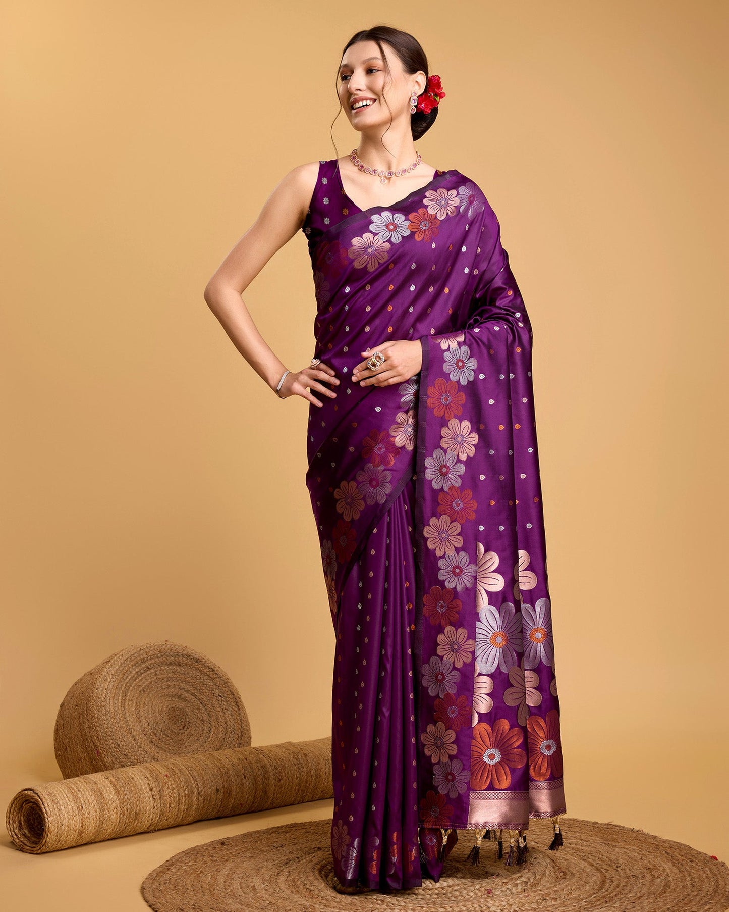 Vedant Vastram Soft Litchi Silk Banarasi Silk Saree - Wine | Swadesiicart