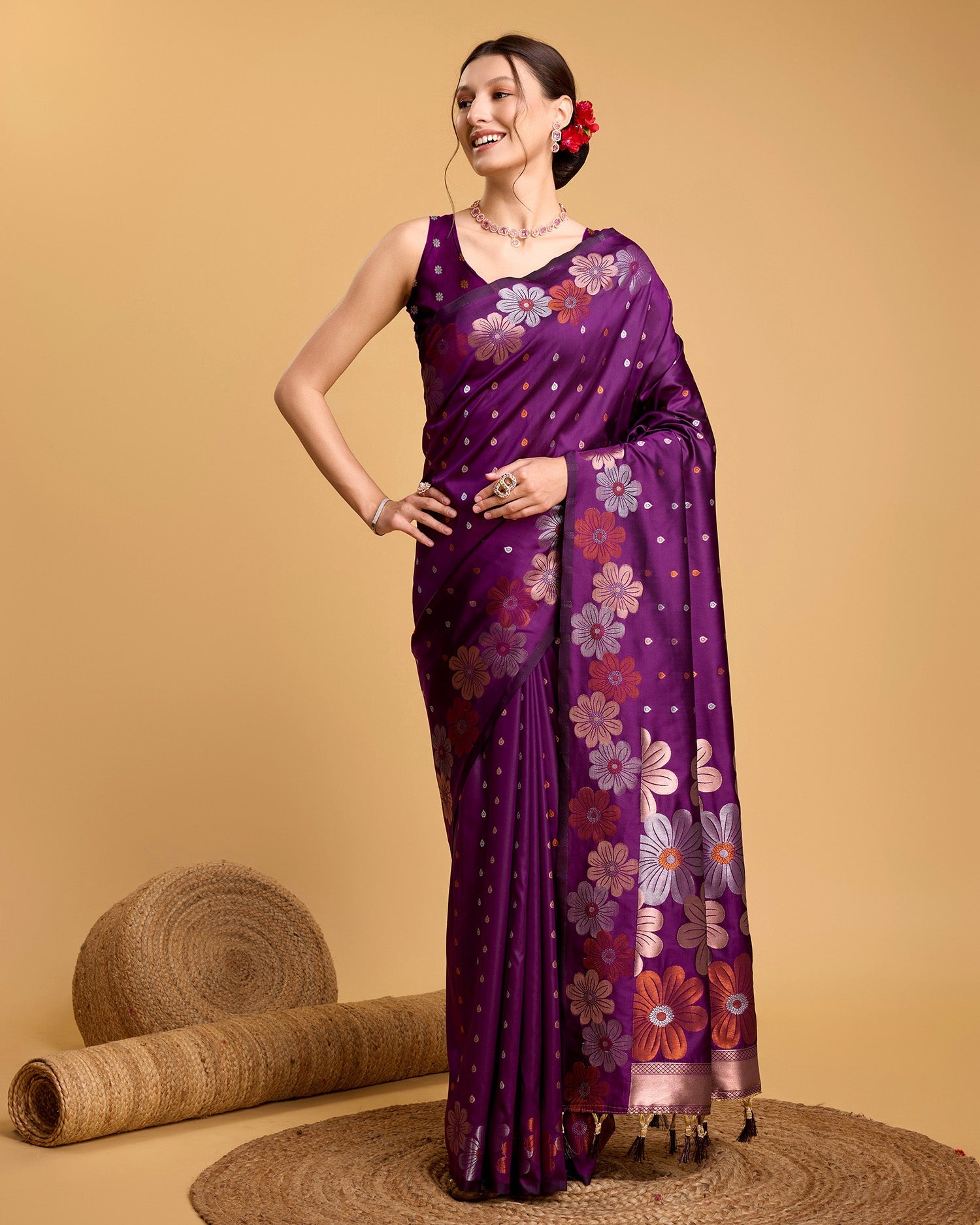 Vedant Vastram Soft Litchi Silk Banarasi Silk Saree - Wine | Swadesiicart