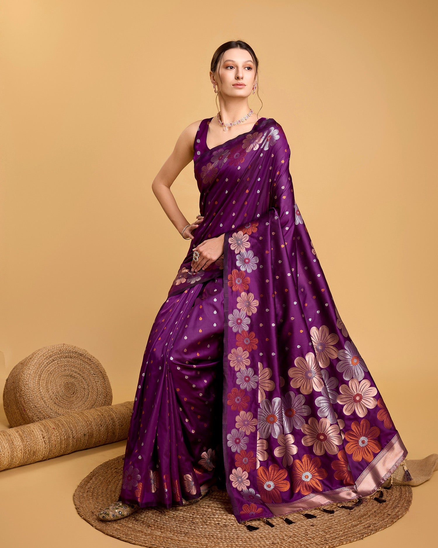 Vedant Vastram Soft Litchi Silk Banarasi Silk Saree - Wine | Swadesiicart