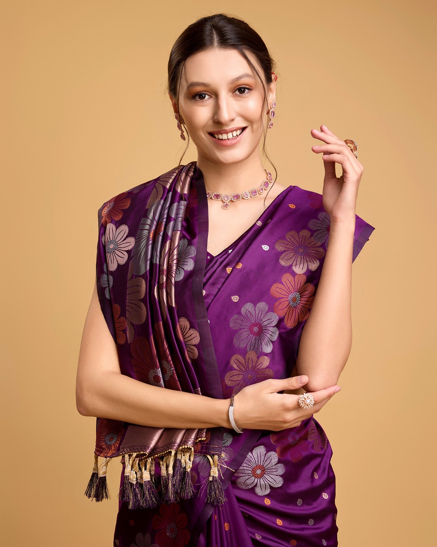 Vedant Vastram Soft Litchi Silk Banarasi Silk Saree - Wine | Swadesiicart