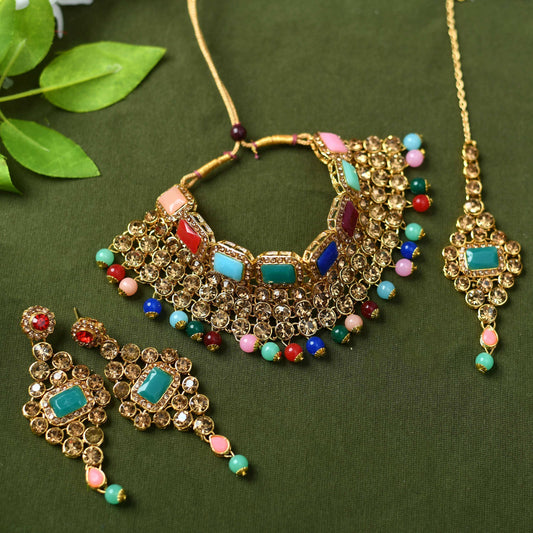 Mominos Fashion Johar Kamal Gold-Polished Rajwadi Design Heavy Multi Color Necklace Set For Women - Mominos Fashion