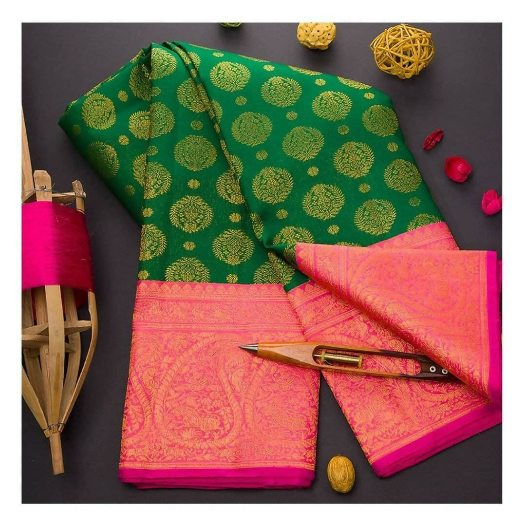 DEIANA'S Beautiful Designer Golden zari Soft Lichi Silk Saree - Green - Swadesiicart