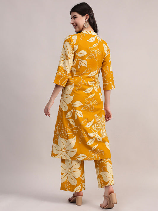 Aavyora Women's Mustard Yellow & White Floral Printed Cotton Co-Ord Set - Swadesiicart