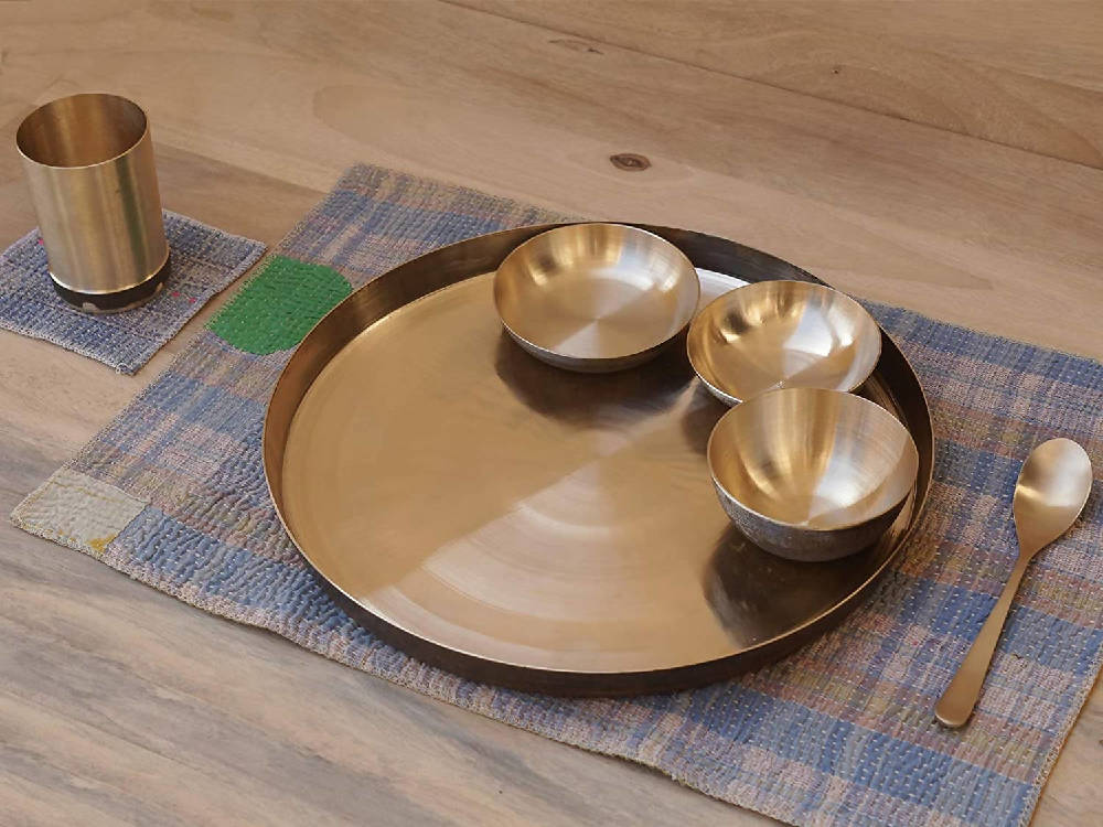 De Kulture Works Pure Ayurveda Kansa Bronze Golden Dinner Thali Set - Swadesiicart
