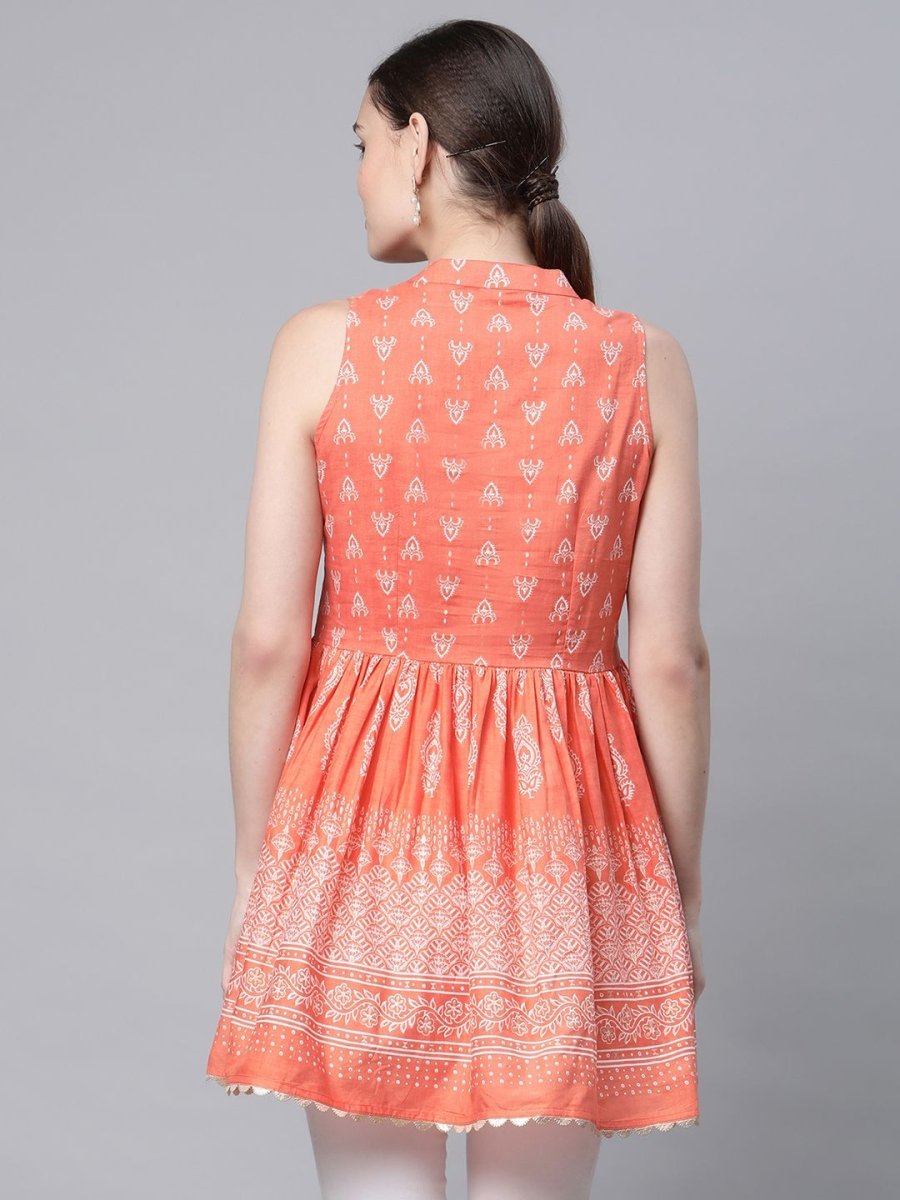 Ahalyaa Women Orange Pure Cotton Porcian Print Tunic | Swadesiicart