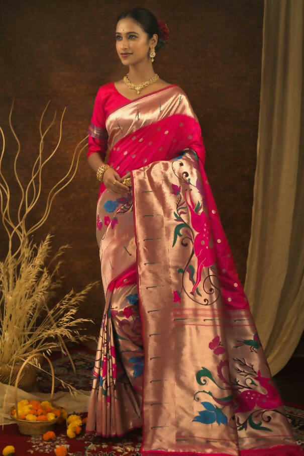Vishnu Weaves Women's Pink Paithani Silk Zari Woven Saree with Unstitched Blouse - Swadesiicart