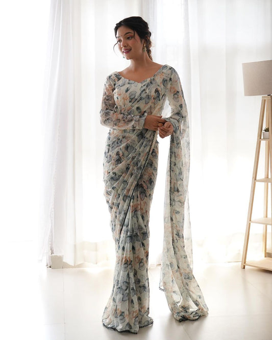 Teeya Creation Grey Color Tabby Silk Fabric ready To Wear Saree | Swadesiicart