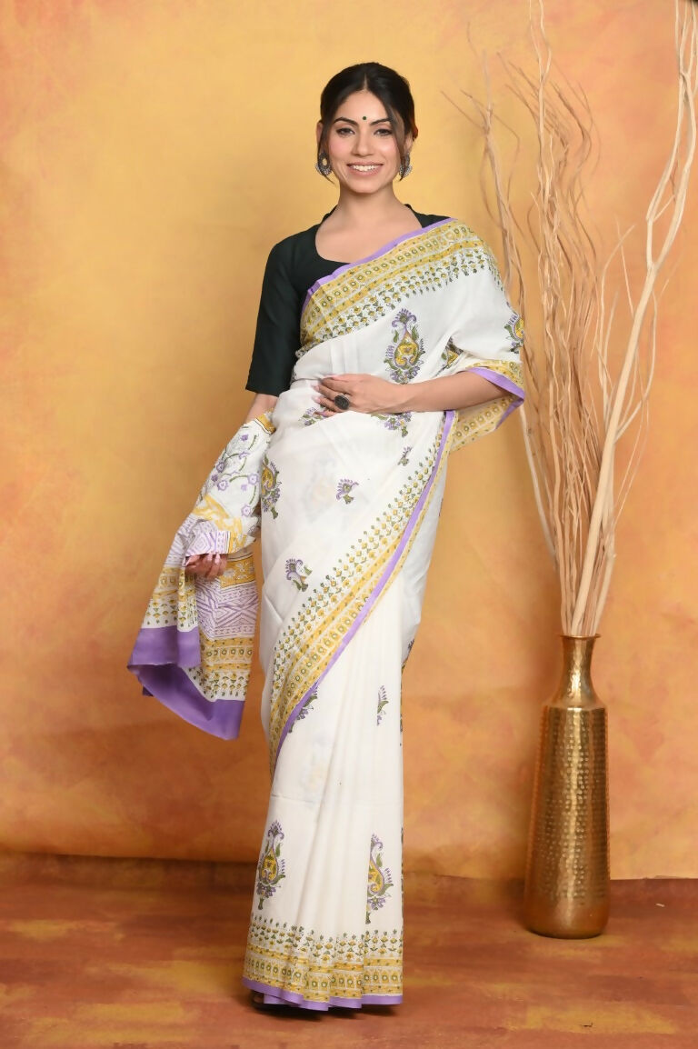 Very Much Indian Handblock Printed Cotton Saree With Natural Dyes - White | Swadesiicart