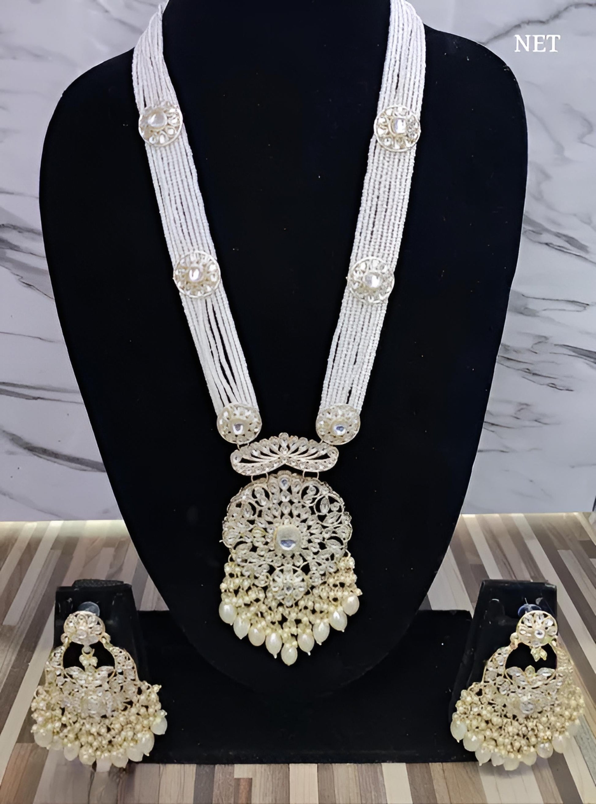 Jewel City Elegant Multi-Layered Pearl Necklace Set with Intricate Silver Pendant and Earrings | Swadesiicart