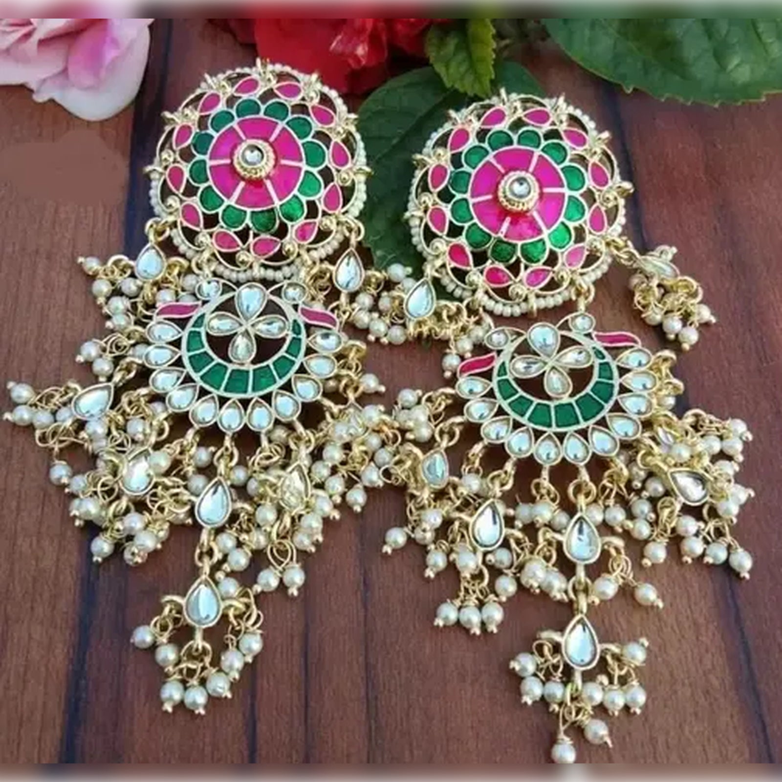 Jewel City Exquisite Polki Kundan Stone and Pearl Earrings - Regal Ethnic Bridal Jewelry | Swadesiicart