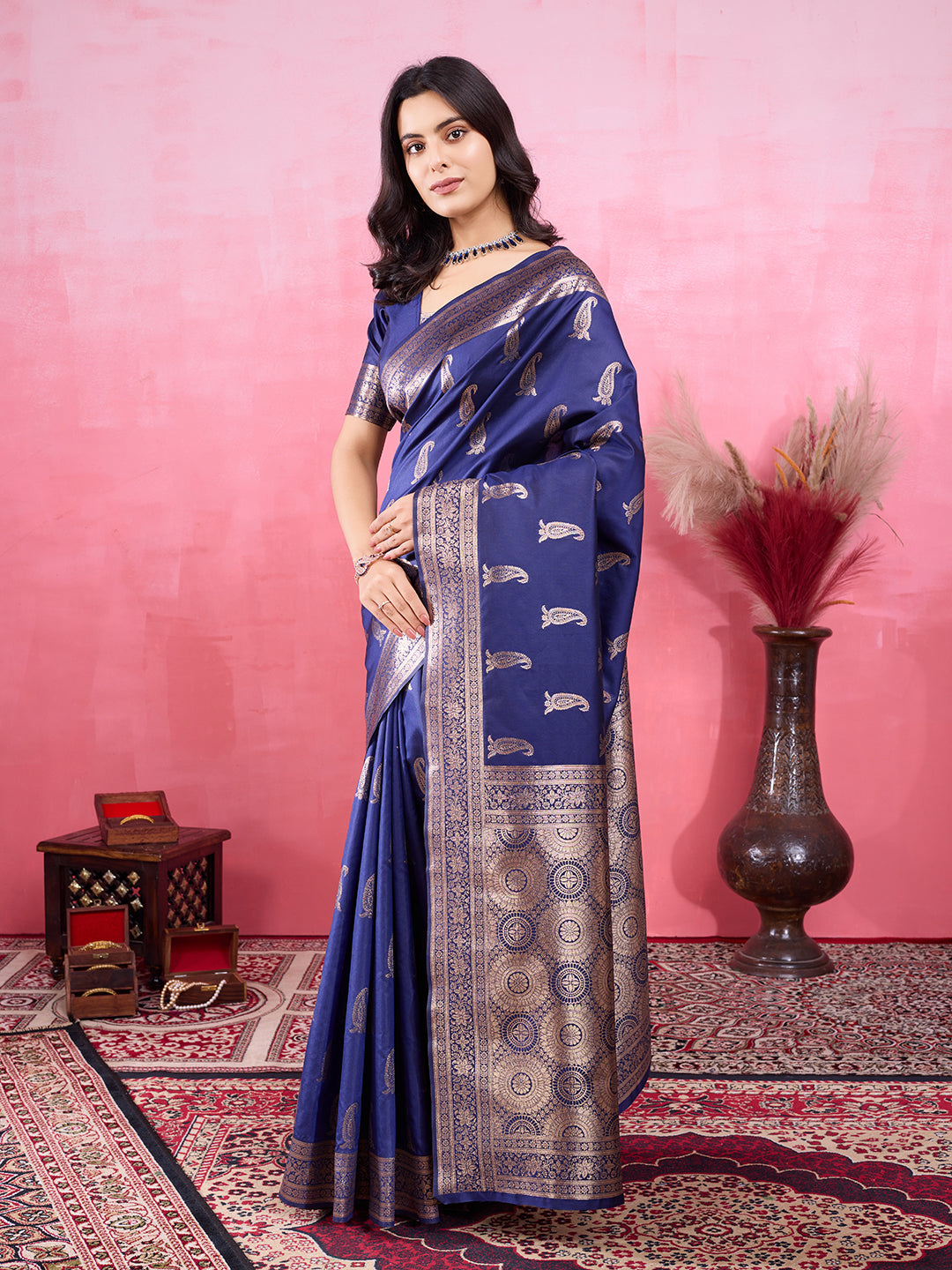 Vedant Vastram Banarasi Silk Fashion Saree - Navy | Swadesiicart