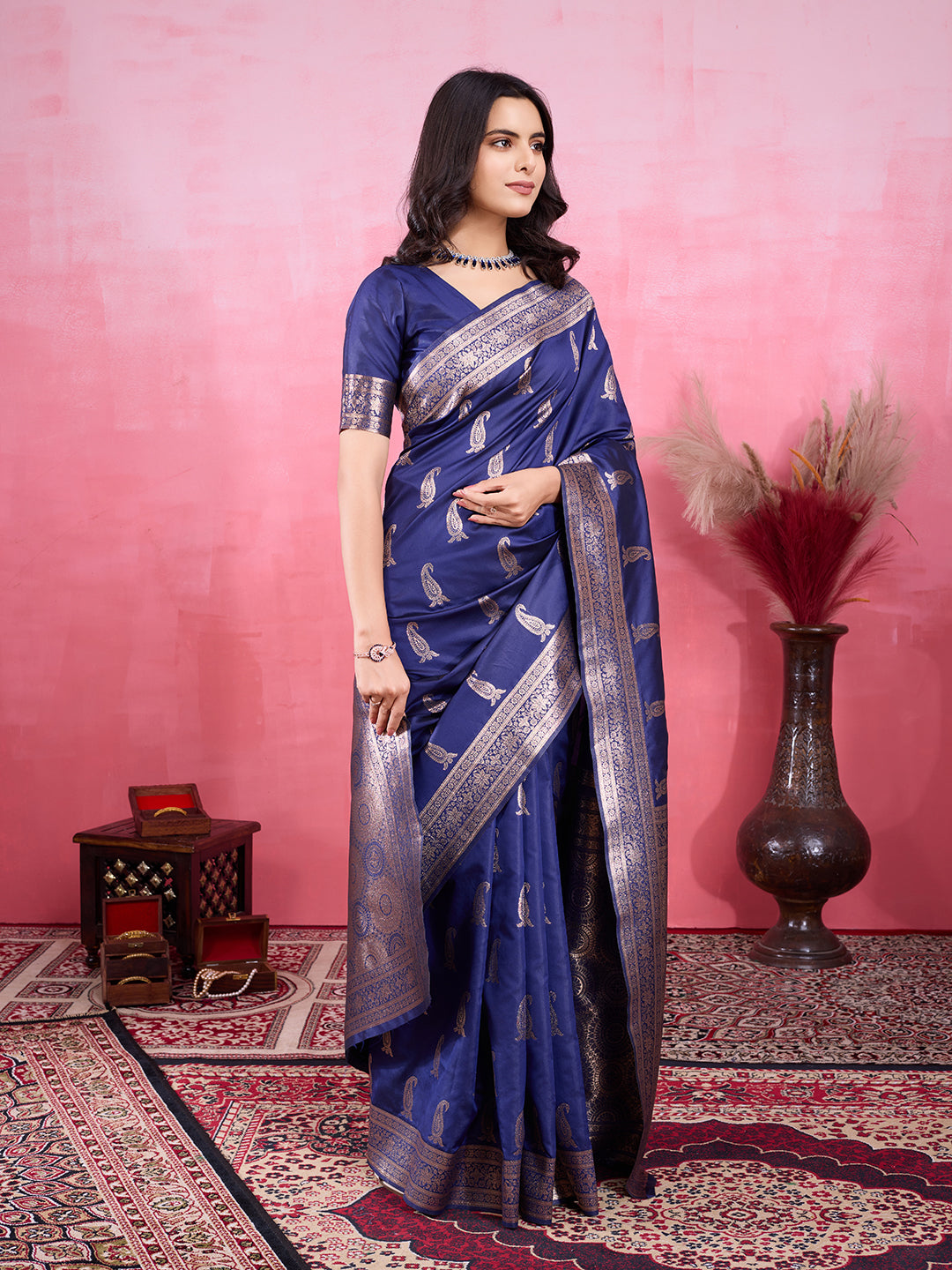 Vedant Vastram Banarasi Silk Fashion Saree - Navy | Swadesiicart