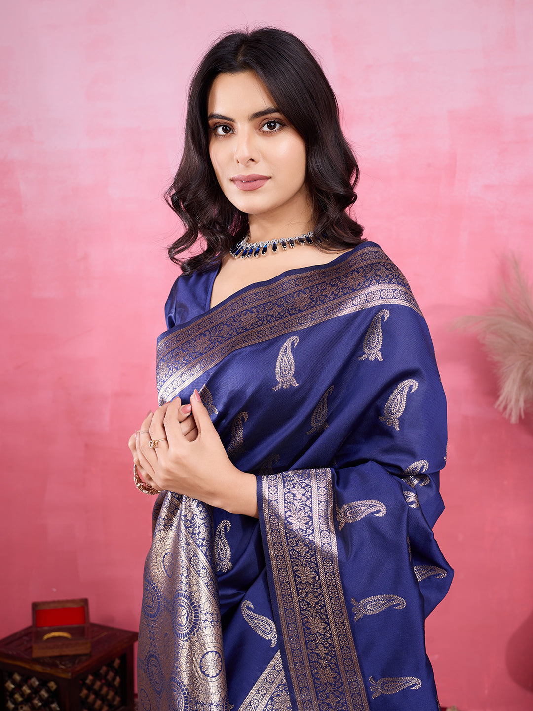 Vedant Vastram Banarasi Silk Fashion Saree - Navy | Swadesiicart