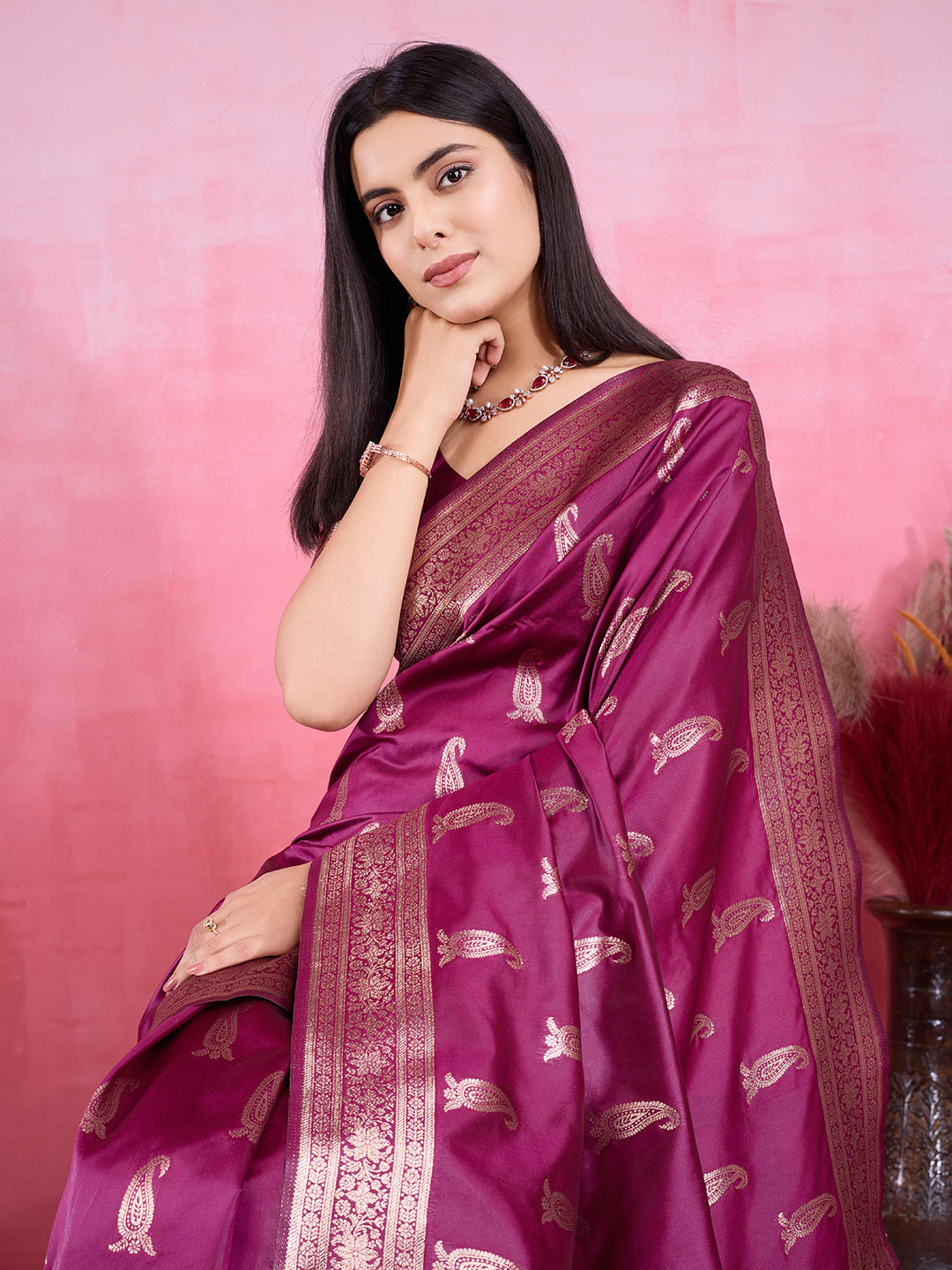 Vedant Vastram Banarasi Silk Fashion Saree - Wine | Swadesiicart