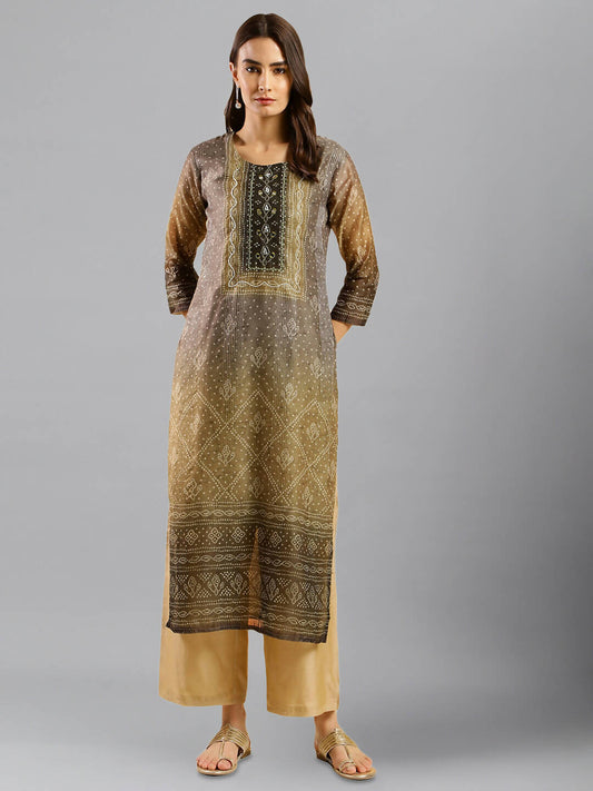 Brown Chinon Digital Printed With Hand Work Kurta - Himanshi - Swadesiicart