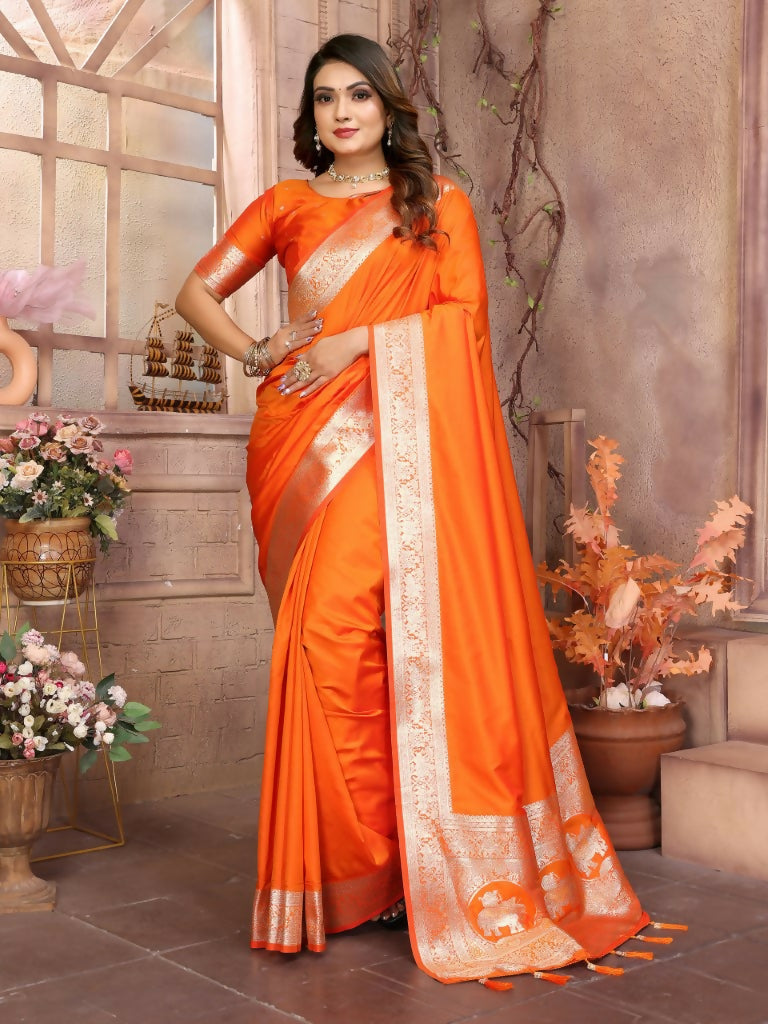 Anaita Dark Orange Banarasi Silk With Beautiful Gala Weaving Saree With Blouse | Swadesiicart