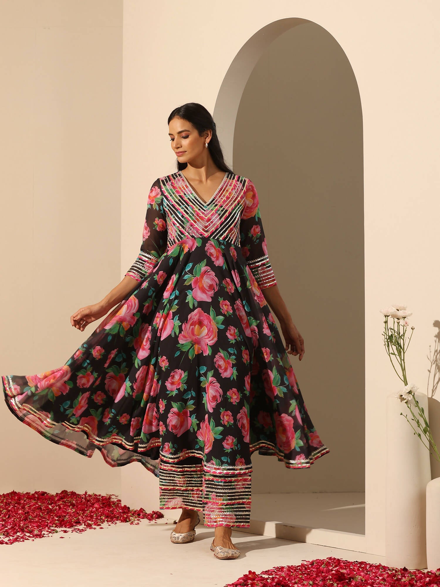 Pomcha Jaipur Black Gul Gulab Anarkali Set | Swadesiicart