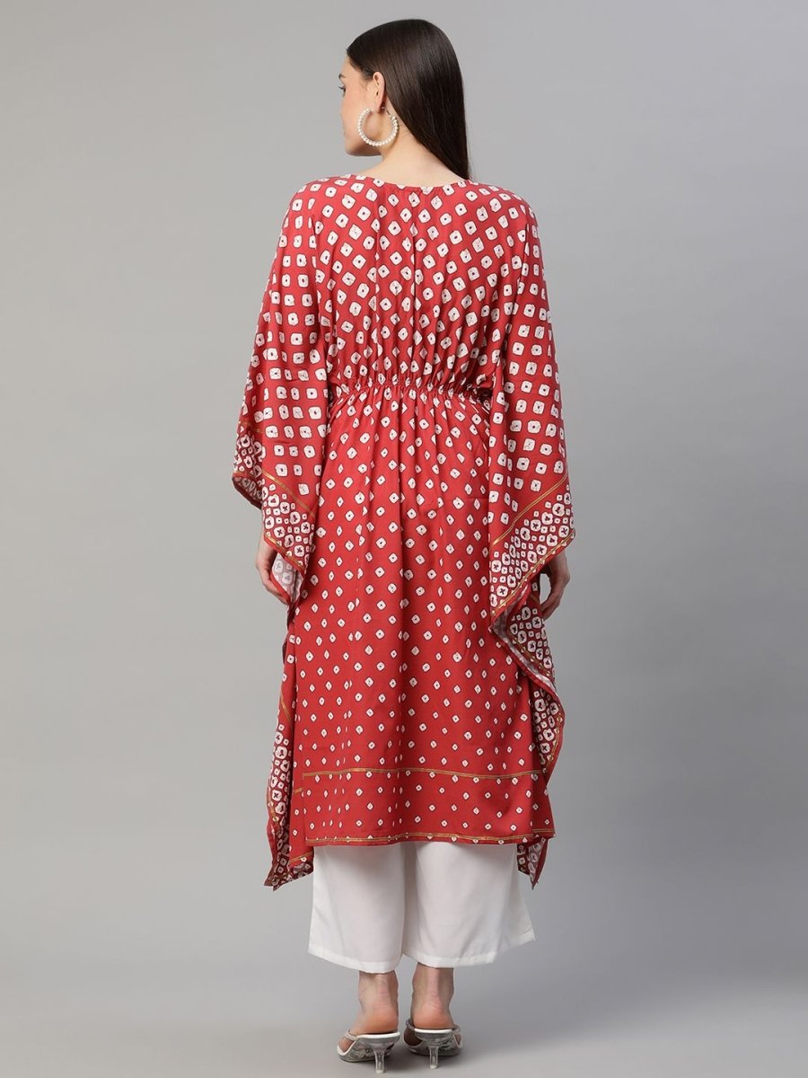 Ahalyaa Women Maroon Crepe Digital Printed Flared Sleeve Kaftan Kurta | Swadesiicart