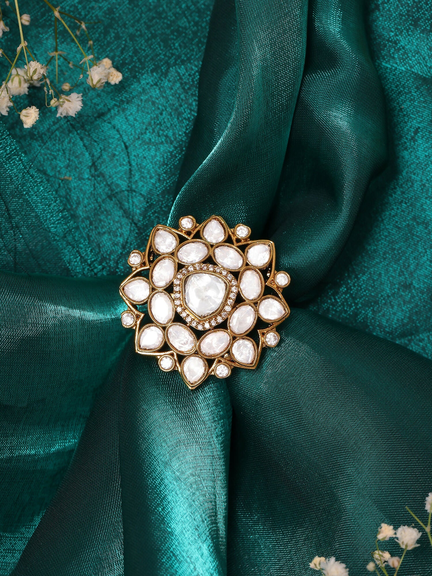 Ruby Raang Traditional Gold Polished White Kundan Ring | Swadesiicart