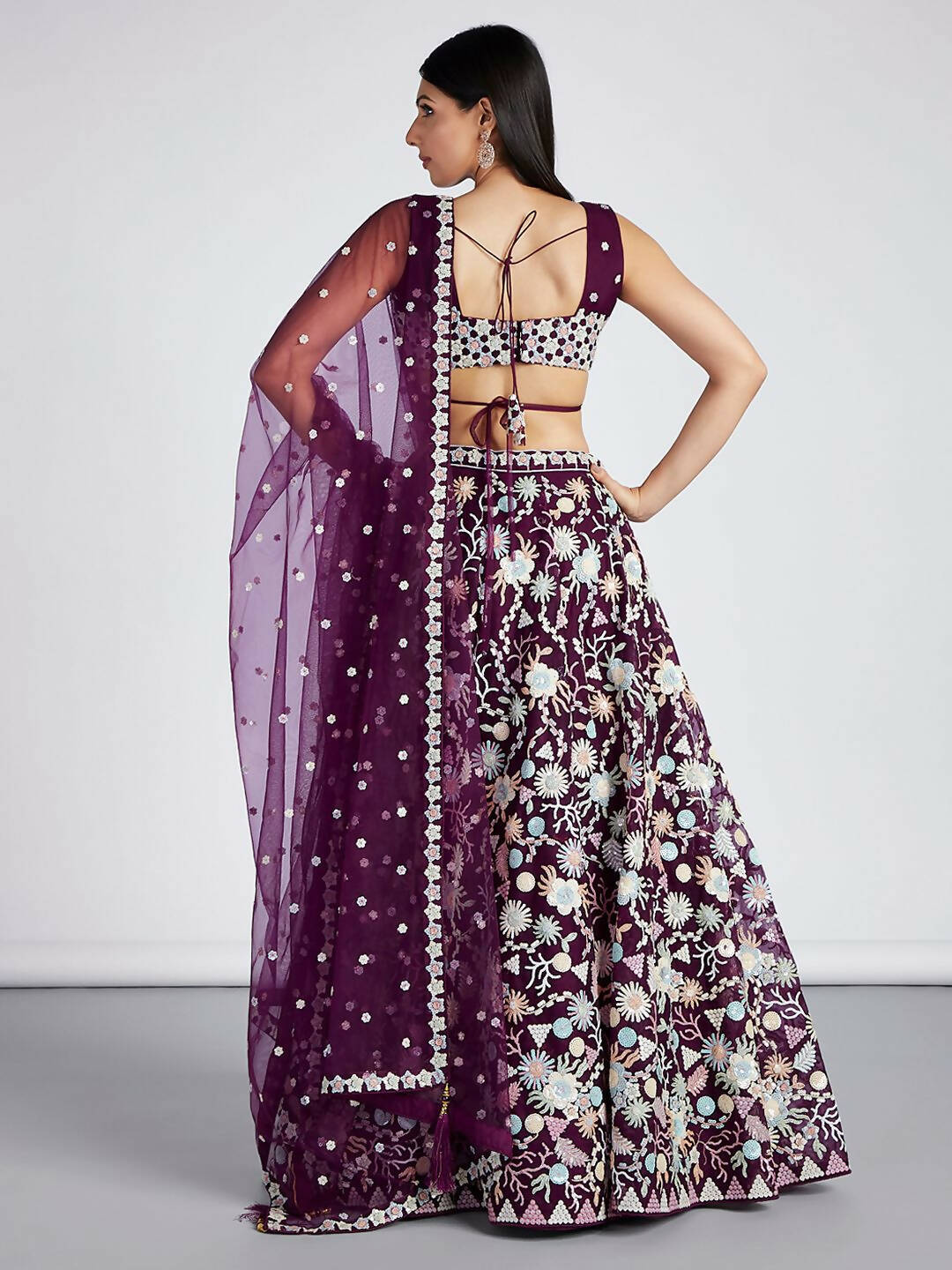 House of Panchhi Burgundy Net heavy Sequinse embroidery Semi-Stitched Lehenga choli & Dupatta | Swadesiicart