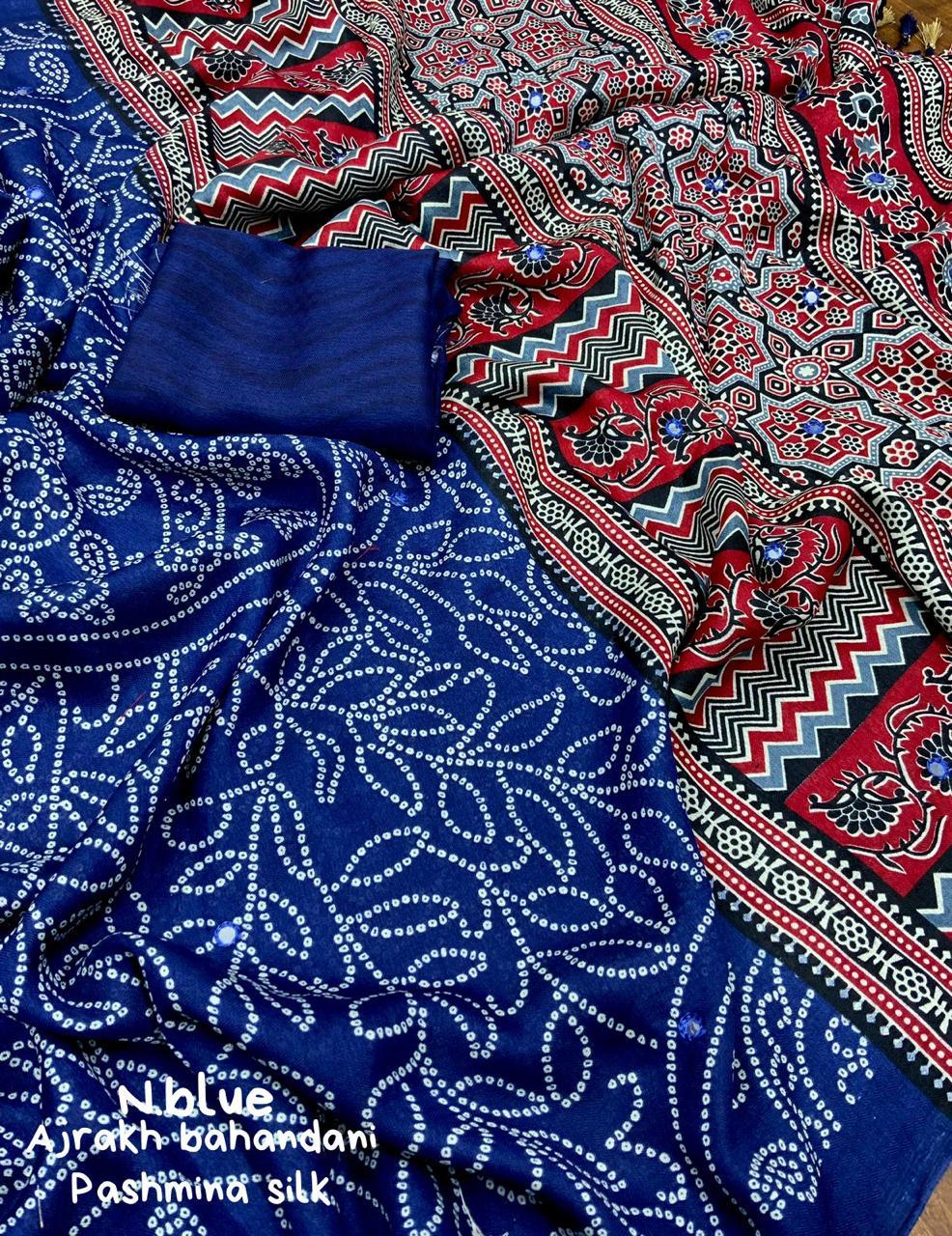 Blue Silk Blend Ajrak Saree with Unstitched Blouse - Hiral Fashion | Swadesiicart