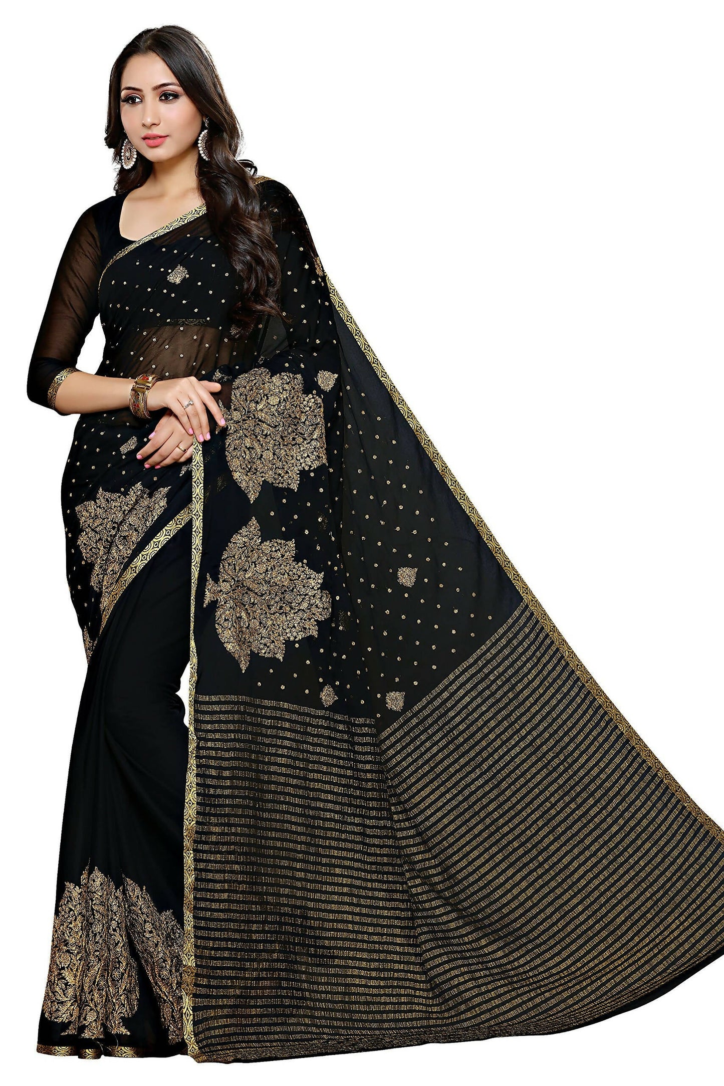 Mimosa Women's Banarasi Chiffon Black Saree | Swadesiicart