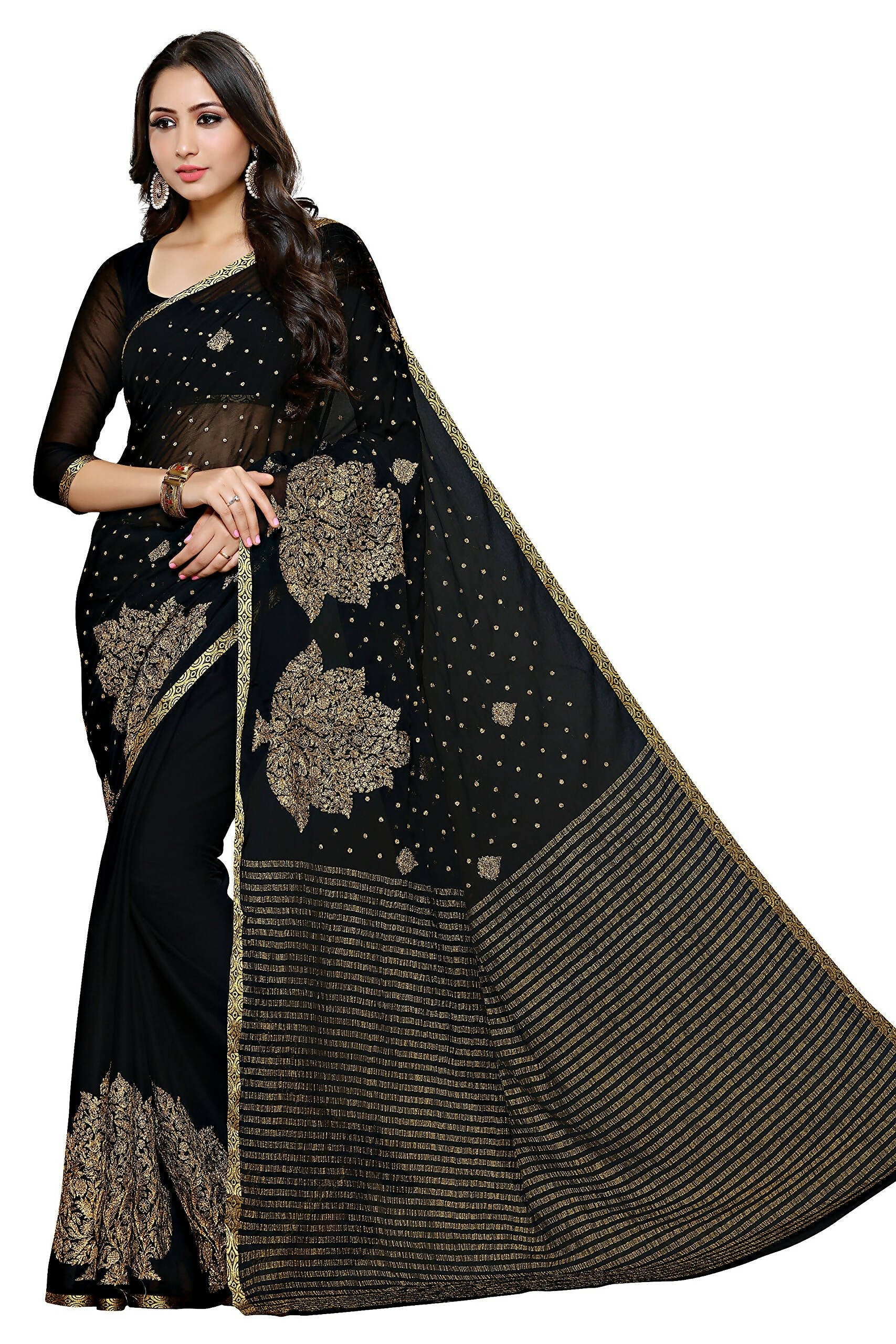 Mimosa Women's Banarasi Chiffon Black Saree | Swadesiicart