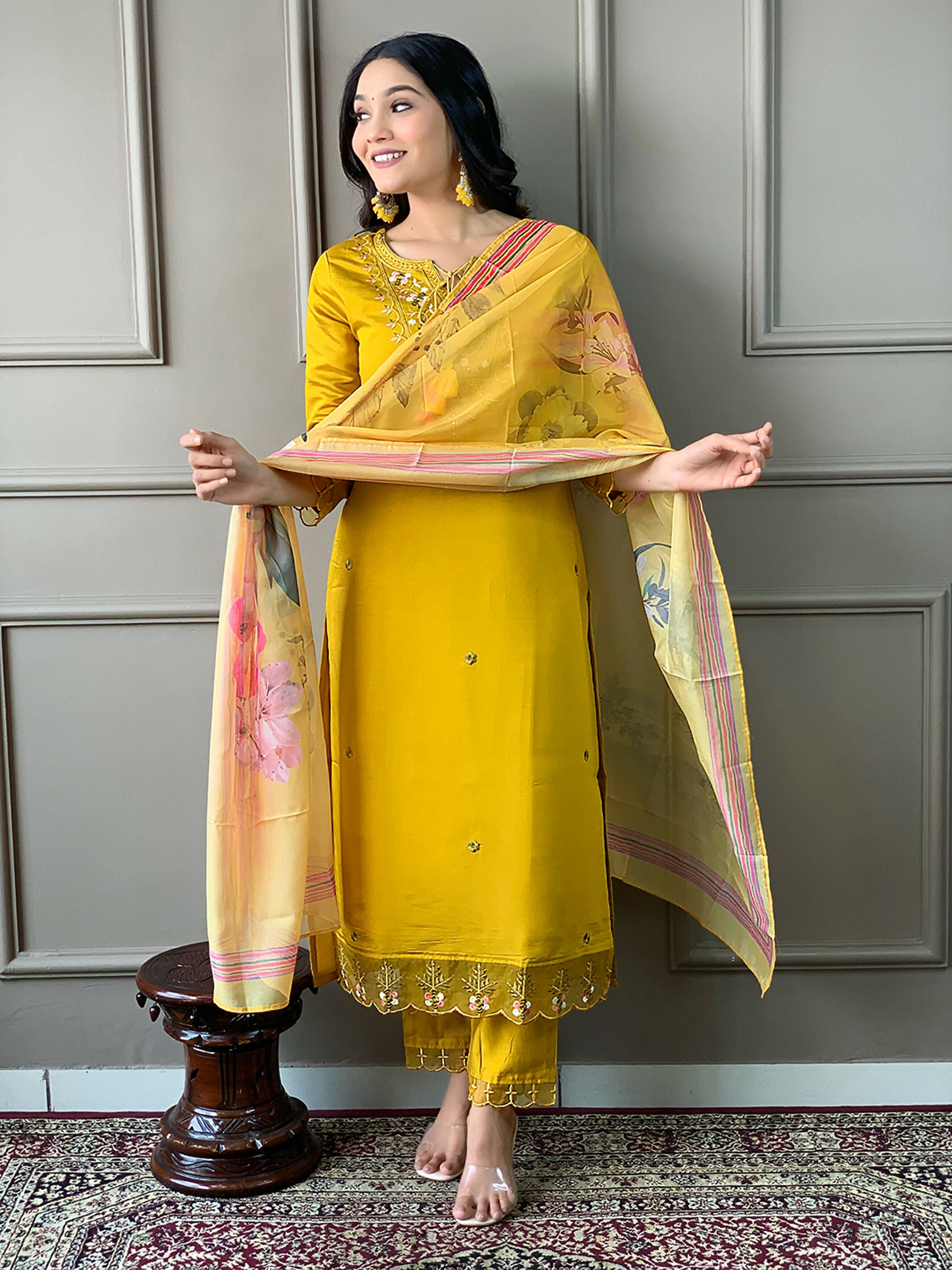 Partywear Designer Chanderi Mustard Stitched Suit With Dupatta - Tanisha | Swadesiicart