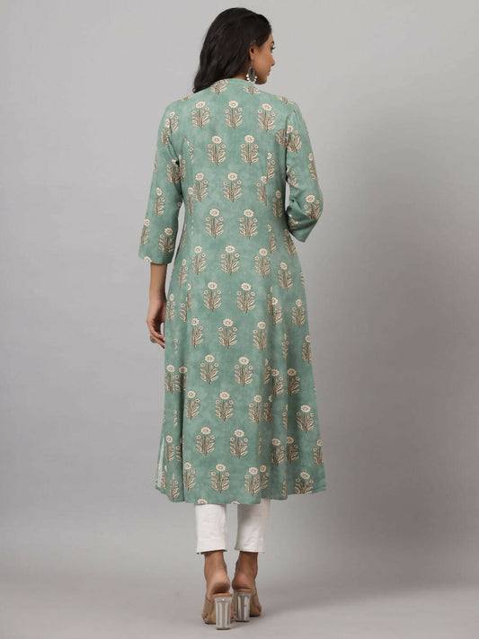 Juniper Women's Green Printed A-Line Kurta | Swadesiicart