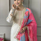 White Viscose Chanderi Stitched Suit With Dupatta - Tanisha | Swadesiicart