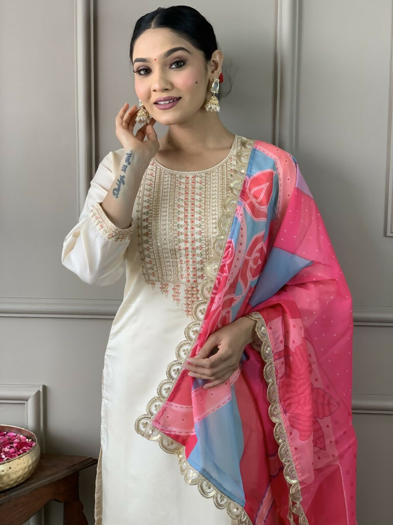 White Viscose Chanderi Stitched Suit With Dupatta - Tanisha | Swadesiicart