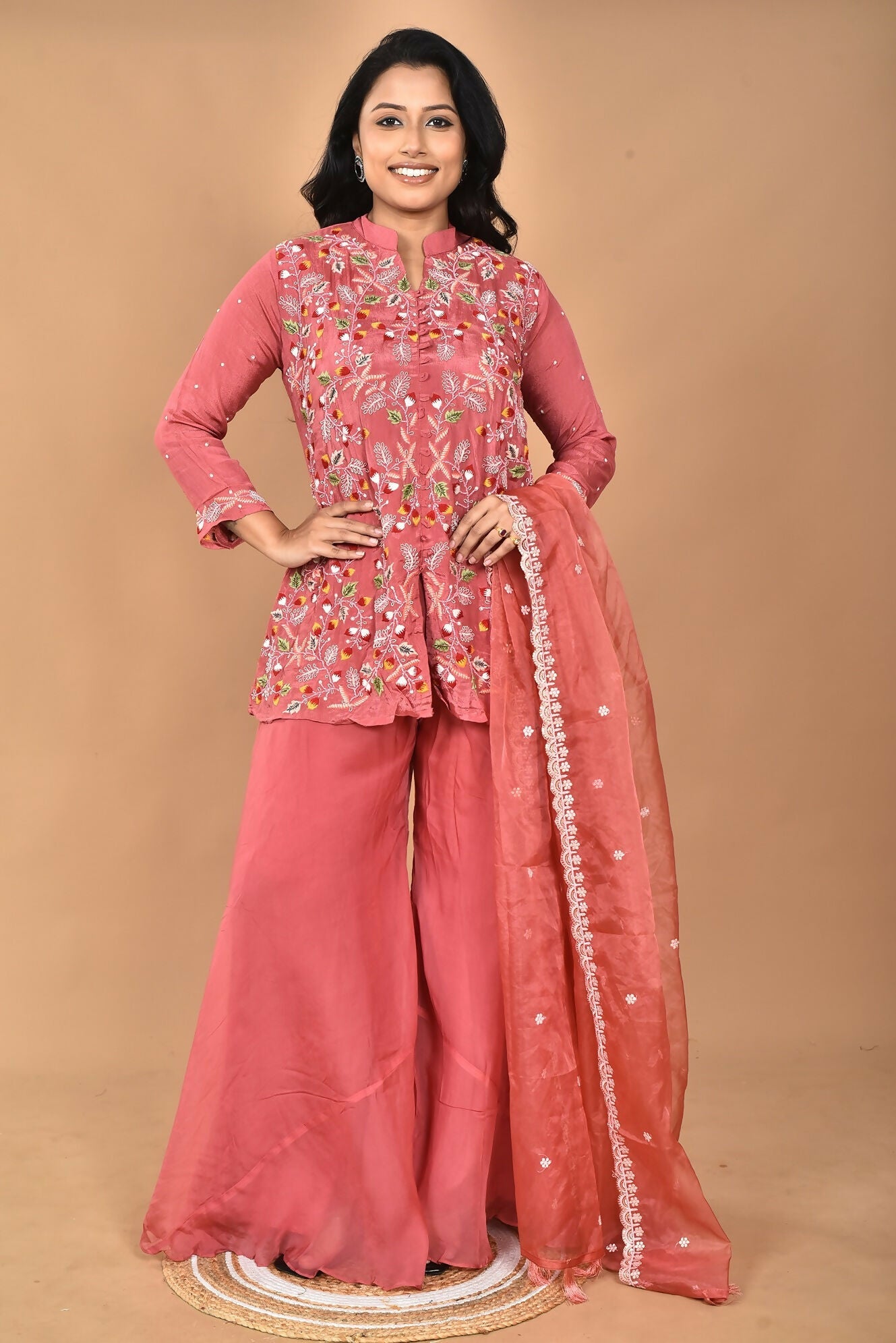 Morchari Women And Hand Embroidery Palazzo Set-Rust - Swadesiicart