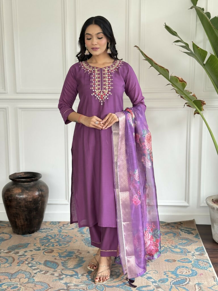Purple Viscose chanderi Stitched Suit With Dupatta - Tanisha | Swadesiicart