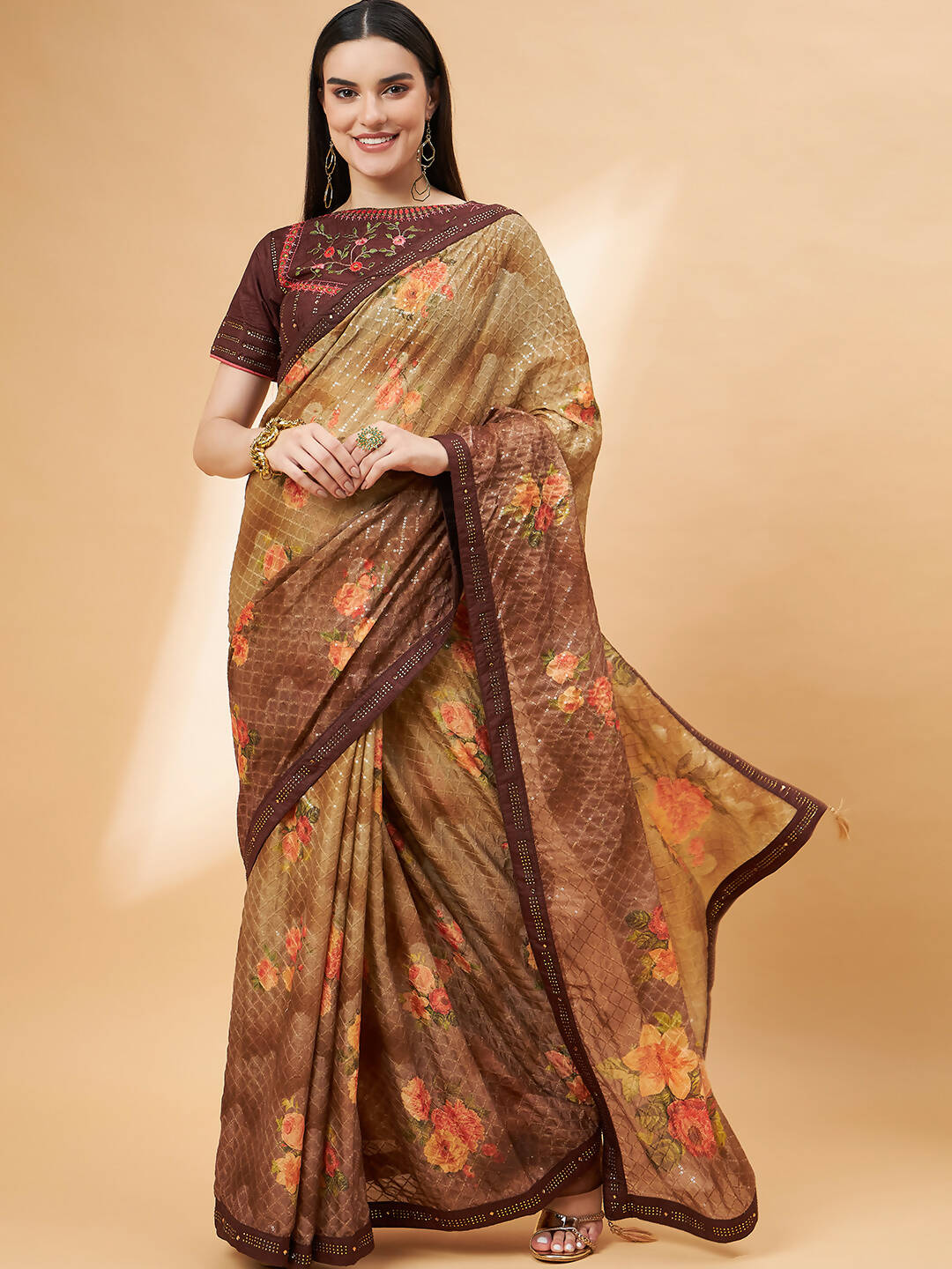 Beige Georgette Resham And Sequins Embroidery, Mukaish Studded Work Saree - Norita Hit Design - Swadesiicart