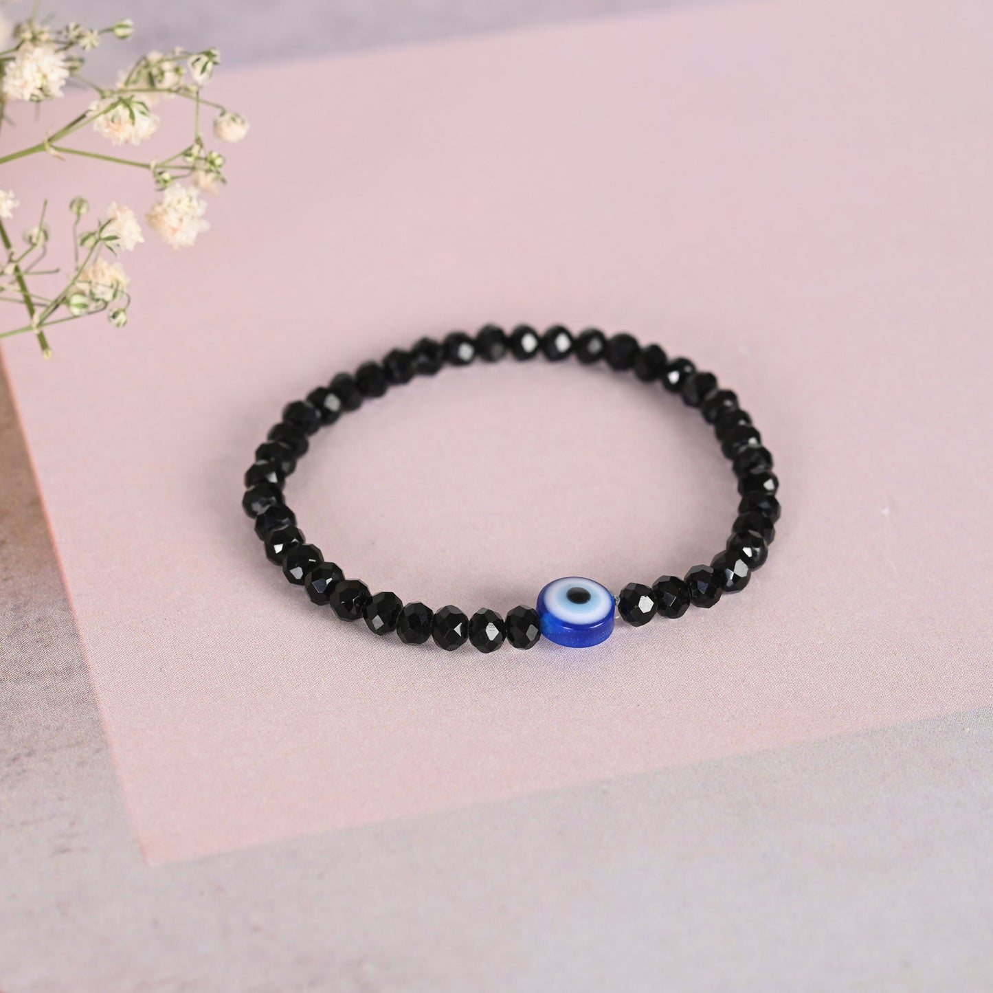 NVR Men & Women Black Evil Eye Crystal Elasticated Bracelet - Swadesiicart