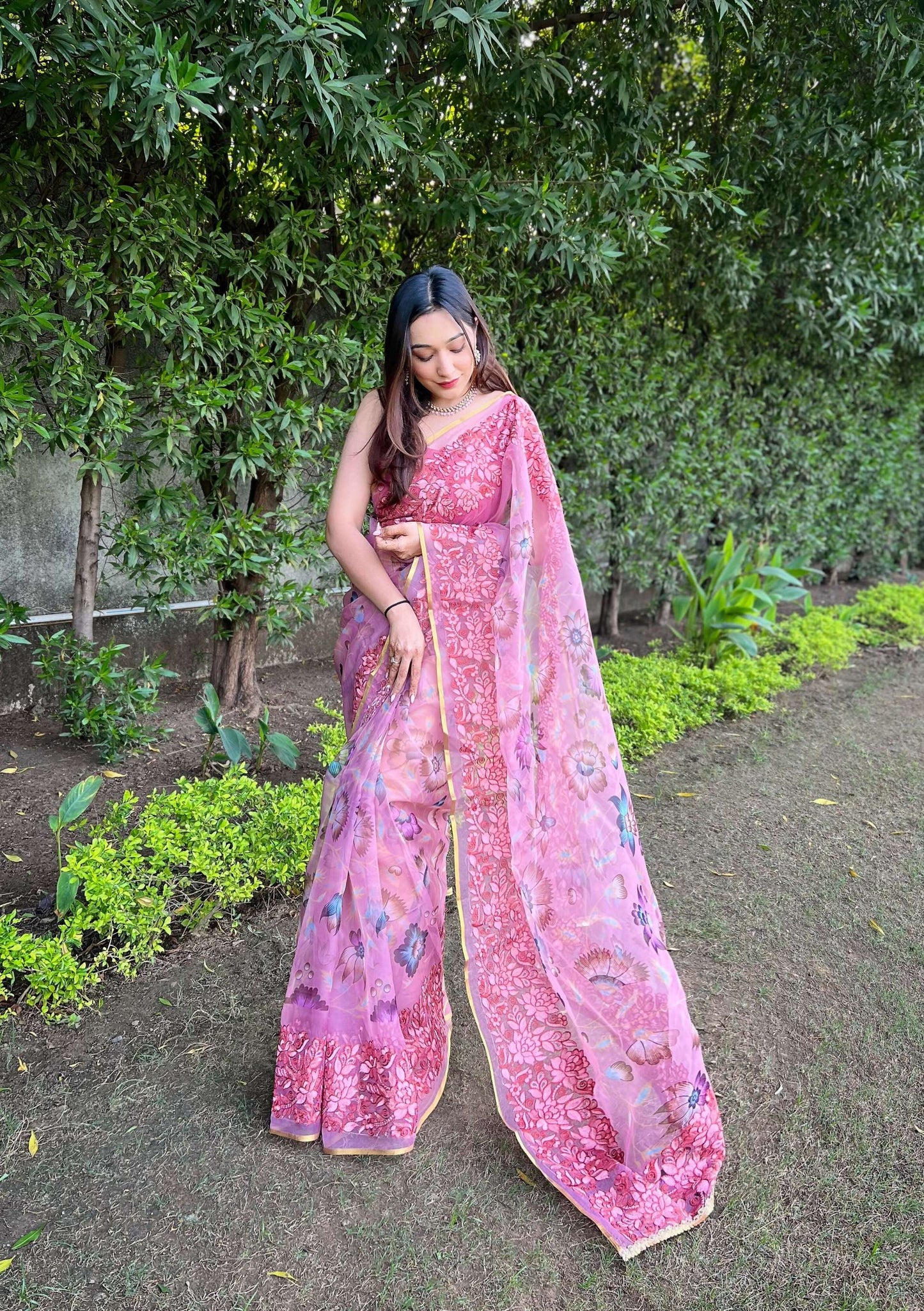 Vamsee Bavari Peach Organza Saree - Swadesiicart