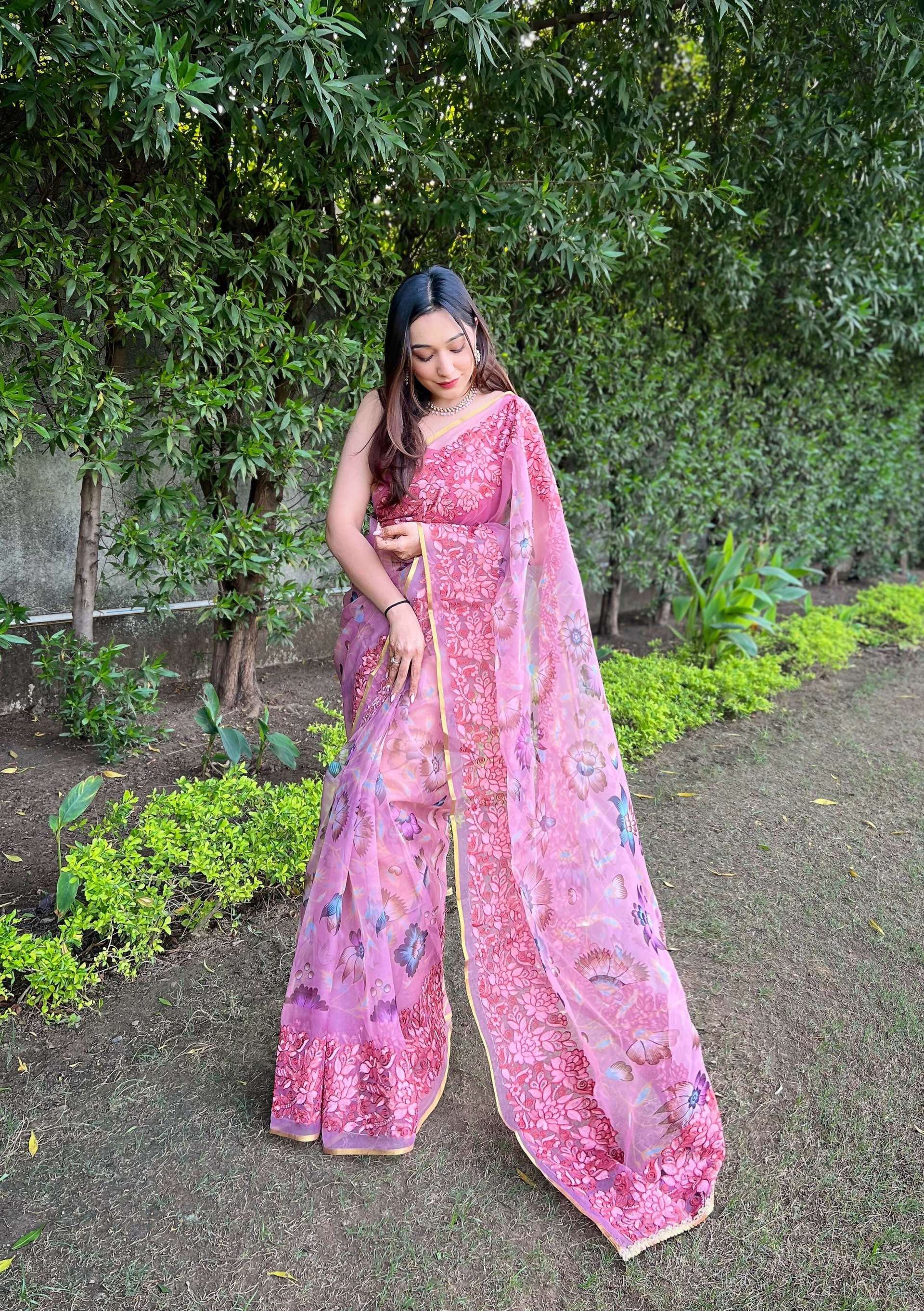 Vamsee Bavari Peach Organza Saree - Swadesiicart