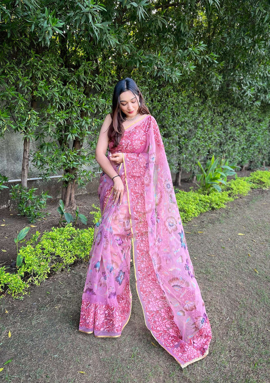 Vamsee Bavari Peach Organza Saree - Swadesiicart