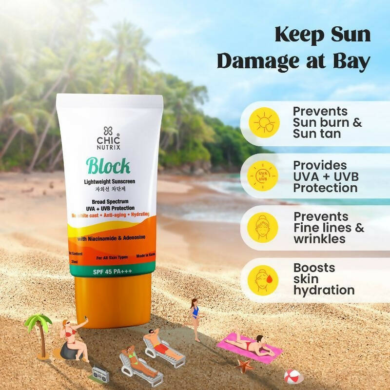 Chicnutrix Korean Block Lightweight Sunscreen SPF 45 PA+++ UVA + UVB Protection, Reduces Fine Lines And Wrinkles, Korean Skincare | Swadesiicart