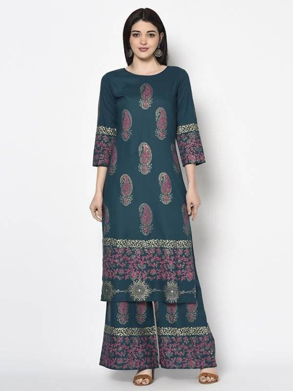 Aniyah Rayon Teal Blue Color Block Print Straight Kurta (AN-224K) - Swadesiicart