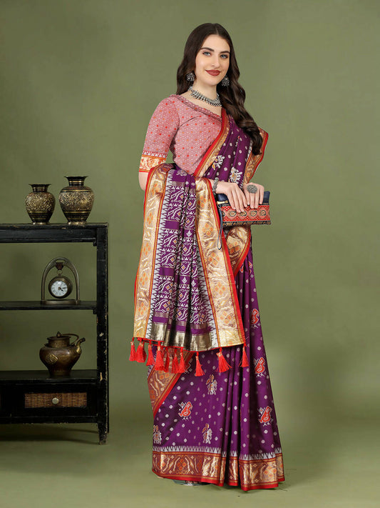 Lorenvalley Fashion Purple Patola Silk Woven Design Zari Meenakari Weaving Saree - Swadesiicart