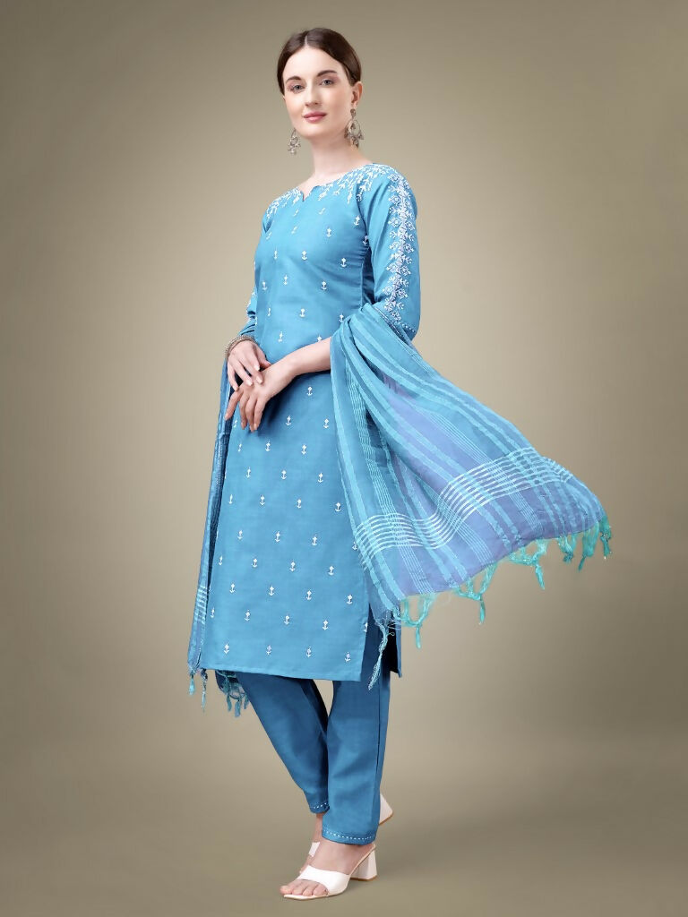 Jyoti Fashion Women's Sky Blue Cotton Blend Embroidery & Sequence work Kurta with Trouser & Dupatta | Swadesiicart