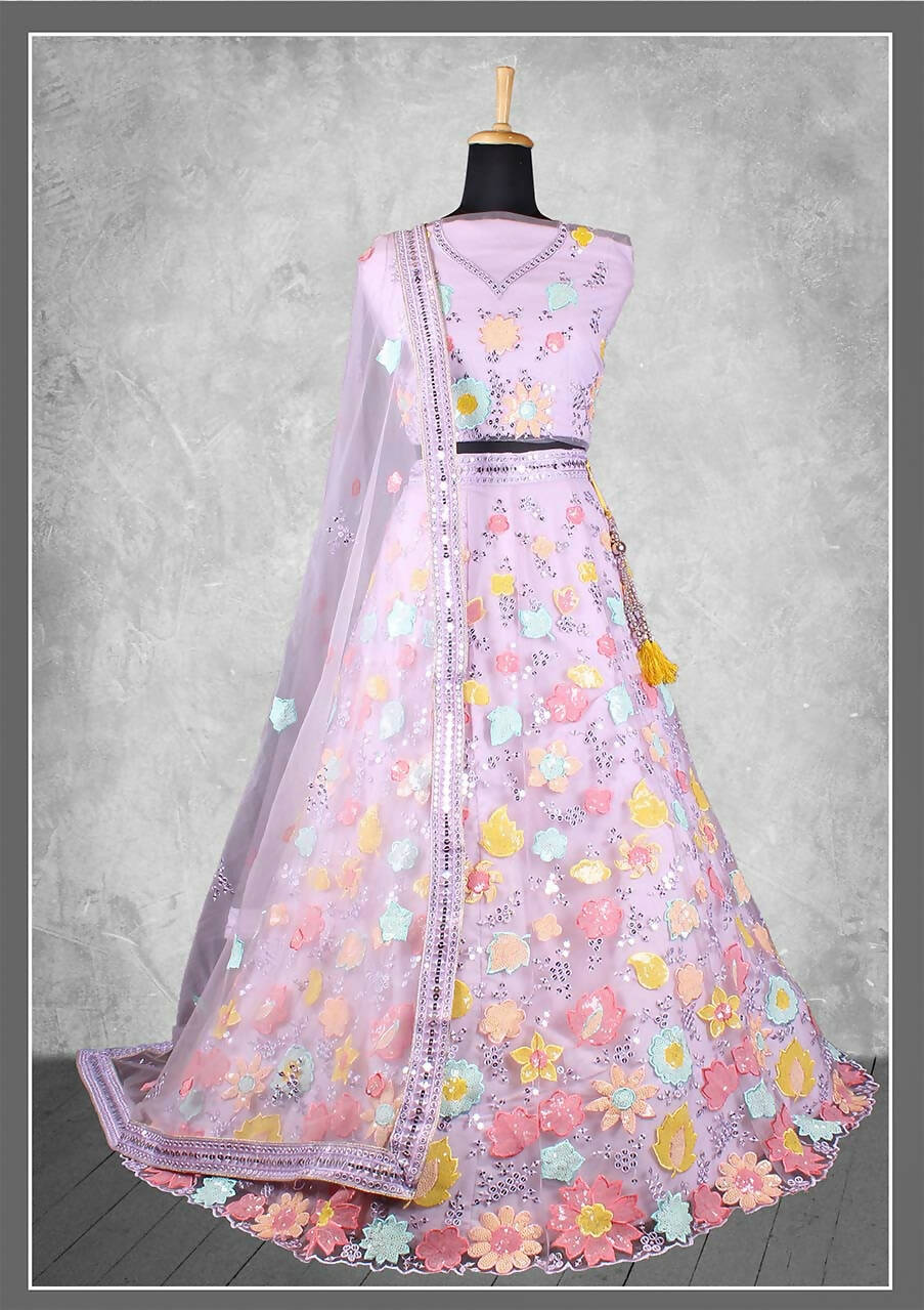 Purple Net, Satin Silk Cord And Sequins Floral Embroidery Semi-Stitched Lehenga Choli - Nimaya Kangan | Swadesiicart