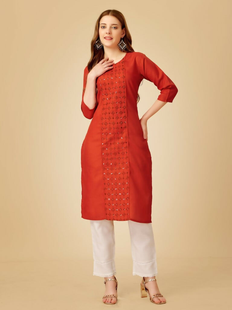 Jyoti Fashion Women's Rust Cotton Blend Embroidered Kurta Pant Set | Swadesiicart