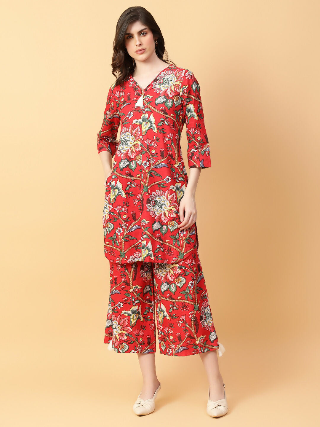 Joban Fashion Red Cotton Printed & Hand Work Co-ord Set - Swadesiicart